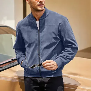 Stylish men's blue suede zip-up bomber jacket in casual vintage style for autumn