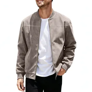 Men's retro casual suede solid color zipper jacket with ribbed cuffs on white background