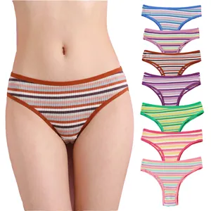 Women Cotton Ribbed Striped Panties Low Waist Breathable Stretchy Underwear Colorful Rainbow Knit Briefs