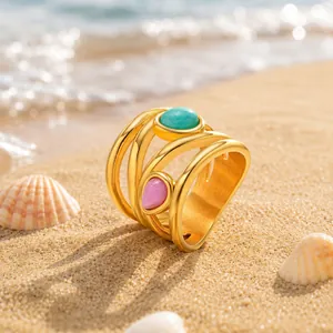 French Style Multi Layer Stainless Steel Ring Amazonite Rose Quartz Gold Plated Fashionable Finger Jewelry For Women