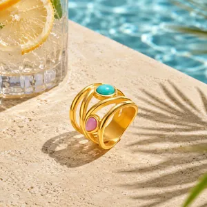 French style stainless steel multi-layer ring with amazonite and pink quartz stones