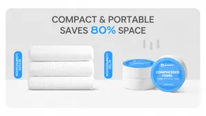 Comparison showing disposable compressed bath towel before and after expansion for travel