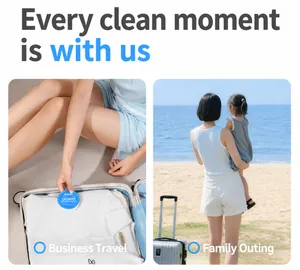 Portable compressed bath towel shown in travel packing and sunny beach scenarios.