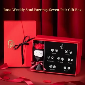 Luxury 7-day earrings gift set with red soap rose in elegant box