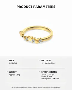 Détails de la bague cœur en argent S925 plaqué or 18 carats avec zircons et paramètres