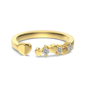 Bague ouverte élégante en argent S925 doré avec cœurs et oxydes de zirconium brillants