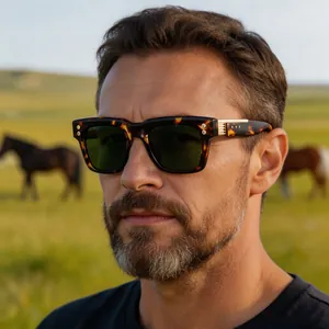 Close-up of mens vintage square polarized sunglasses with tortoiseshell frame and rice nails
