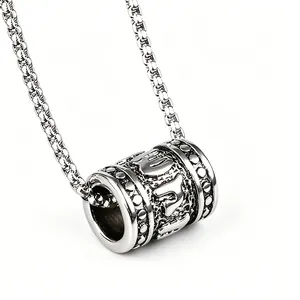 Retro Stainless Steel Mantra Cylinder Pendant Necklace For Men Women Unisex Religious Punk Amulet Antique Silver Chain Jewelry