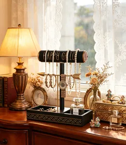 Elegant T-shaped double-layer jewelry display stand for watches and bracelets on a vanity