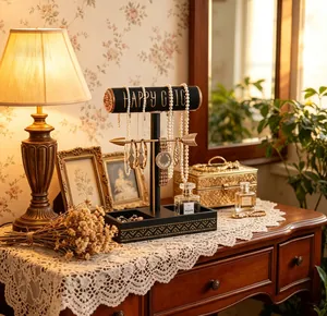 Elegant T-shaped jewelry display stand on a vintage wooden dresser with lace decor