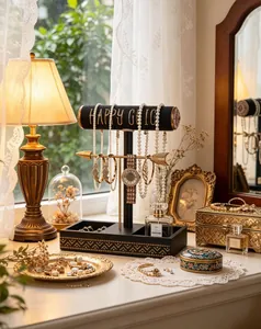 Close-up of a T-shaped double-layer jewelry display stand with a golden arrow bar