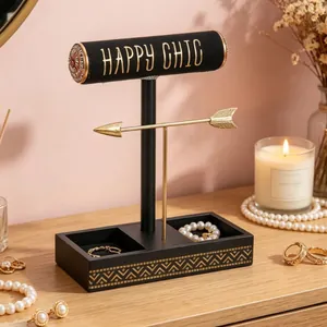 Black T-bar jewelry stand with 'HAPPY CHIC' text and gold arrow rod for organization