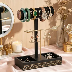 Elegant black T-shaped jewelry display stand for watches earrings and rings