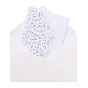 Elegant white laser-cut rose pattern wedding invitation card with matching envelope