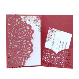 Elegant burgundy laser cut rose wedding invitation card with floral rsvp insert