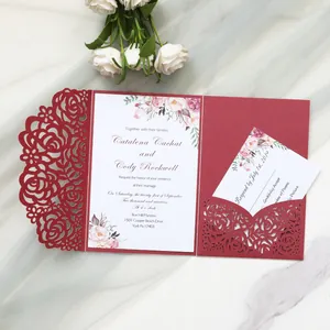 Elegant burgundy laser-cut rose wedding invitation card with floral printed insert