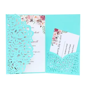 Exquisite laser-cut mint blue rose wedding invitation card with floral rsvp inserts