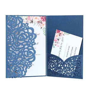 Elegant navy blue laser cut rose wedding invitation with floral insert and RSVP card
