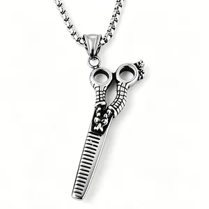 Collier Pendentif Ciseaux Et Peigne En Acier Inoxydable Bijoux Punk Rock Pour Hommes Femmes Cadeau De Barbier Collier Cool