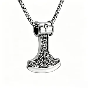 Vintage Viking Axe Pendant Necklace Kolovrat Solar Wheel Nordic Celtic Knot Stainless Steel Jewelry For Men Women