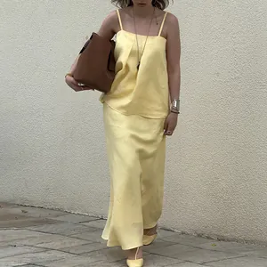 Women's Elegant Solid Color Polyester Camisole Top And Maxi Skirt Summer Casual Sleeveless Commuting Style For Vacation