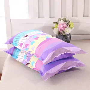 Detailed view of modern purple striped pillowcase pair featuring colorful heart patterns