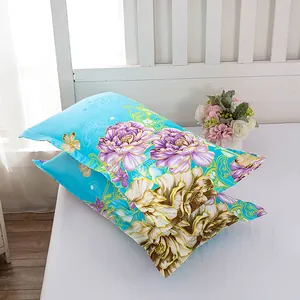 Detailed view of sky blue floral pillowcases featuring elegant purple and beige peony patterns