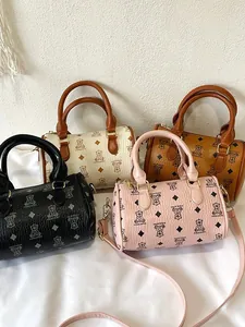 Women Fashion PU Leather Boston Bag Cute Cartoon Bear Print Handbag With Puppy Charm Small Monogram Shoulder Bag Satchel