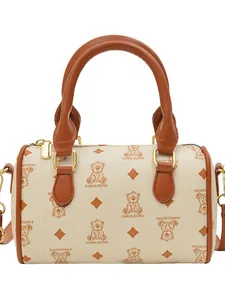 Cute bear pattern Boston handbag in beige and brown preppy style with top handles