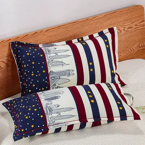 Detailed view of a pair of decorative pillowcases with city skyline and star patterns