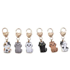 Set of six cute cartoon cat keychains with heart-shaped zinc alloy lobster clasps