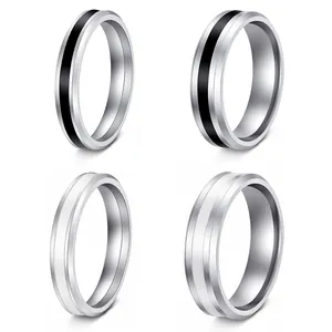 Stainless Steel Couple Ring Silver Color With Black Enamel Stripe Geometric Simple Fashion Jewelry For Men Women