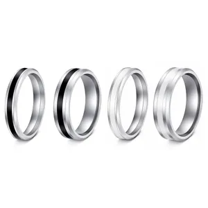 Minimalist stainless steel couple wedding rings with black and silver inlay bands