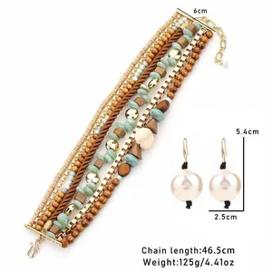 Handmade multi-layer beaded necklace and pearl earring set with product dimensions