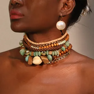 Bohemian Handcrafted Multi Layer Wood Bead Artificial Pearl Necklace And Earring Set Ethnic Style Jewelry For Women Daily Travel