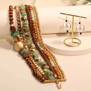 Bohemian handmade multi-layer beaded necklace and pearl earring set with wood and stone