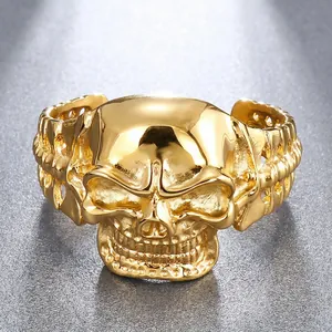 Bold punk style gold stainless steel skull head bangle bracelet for men, gothic jewelry