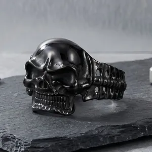 Bold punk style black stainless steel skull head bracelet jewelry for men in dark finish