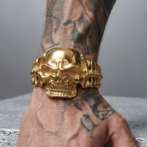 High-quality punk gold-plated skull head bracelet for men crafted in durable stainless steel