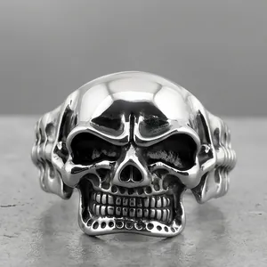 Front close-up of a men's punk skull ring crafted in vintage silver stainless steel