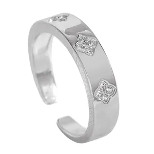 Detail view of a silver stainless steel adjustable open ring with zircon clover motifs