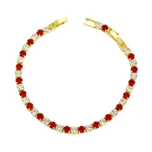 Elegante bracciale tennis placcato oro con cristalli rotondi rossi e bianchi alternati