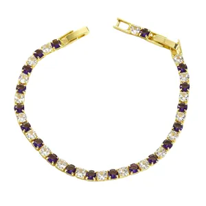 Elegante bracciale tennis placcato oro con cristalli rotondi viola e trasparenti