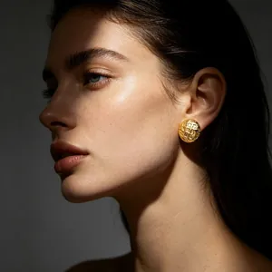 Close-up of golden checkered stud earrings worn by a model with elegant lighting