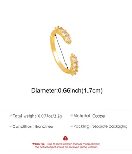 Detailed specifications of a gold double heart zircon ring with dimensions and material info