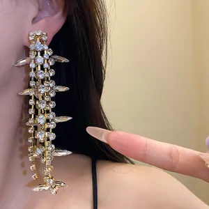Close-up of long tassel earrings with sparkling rhinestones and crystal drops