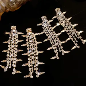 Elegant silver needle tassel earrings decorated with sparkling rhinestones for luxury party jewelry