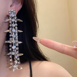 Detailed view of luxury silver needle long rhinestone tassel drop earrings worn