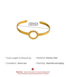 Detail view of gold sun cuff bracelet with stainless steel material specifications