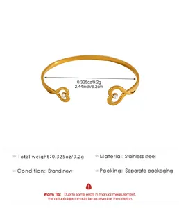 Gold heart open bangle measurements and product specifications in stainless steel